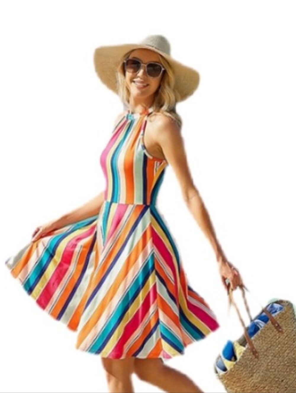 🆕 Ouges Striped Halter Summer Dress - Multicolor S